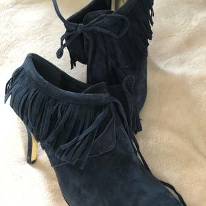 Booties navy blue suede heels with fringe